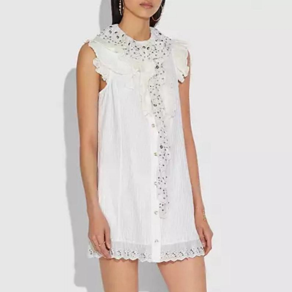 NWT COACH 1941 prairie studded ruffle big collar eyelet trim white mini dress